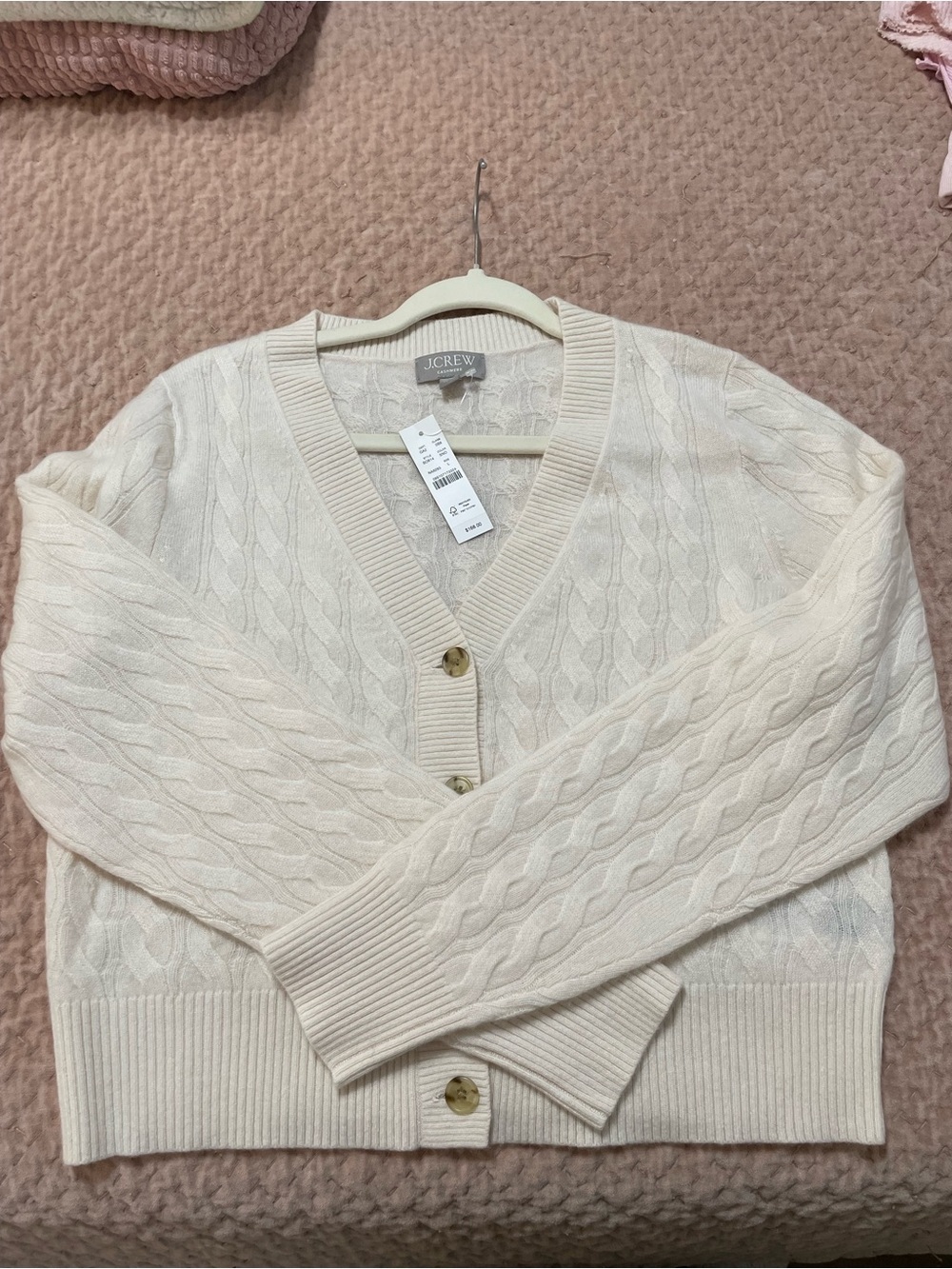 J. Crew Cashmere shrunken cable-knit V-neck cardigan sweater, Snow, L, NWT - Picture 3 of 16